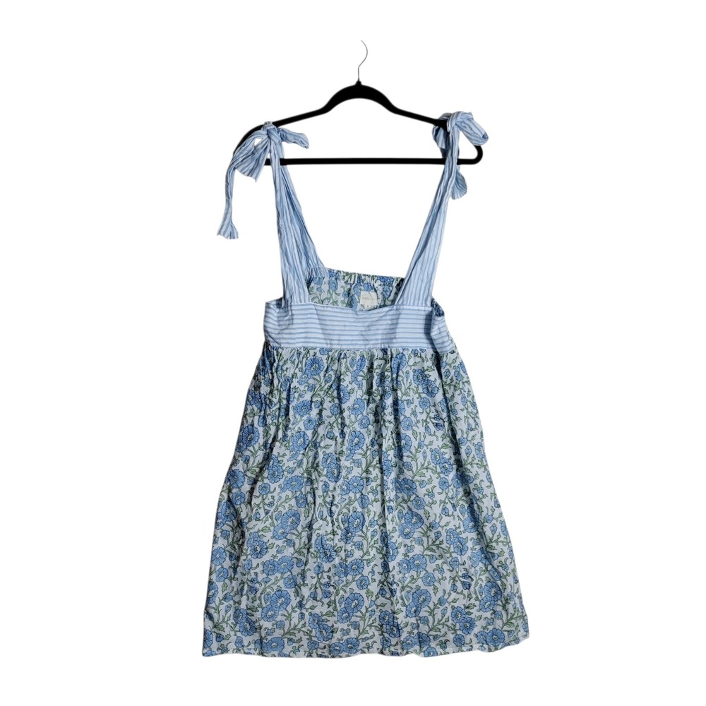 Darling Blue Floral Stripe Cotton Tie Strap Mini Dress Womens Small Cottagecore